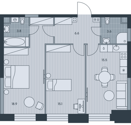 63,5 м², 2-комн. квартира, 28/34 этаж