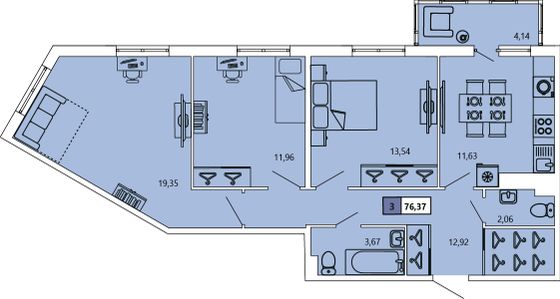 75,1 м², 3-комн. квартира, 5/11 этаж