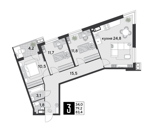 Продажа 3-комнатной квартиры 83,4 м², 14/18 этаж