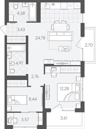 70,9 м², 2-комн. квартира, 6/9 этаж