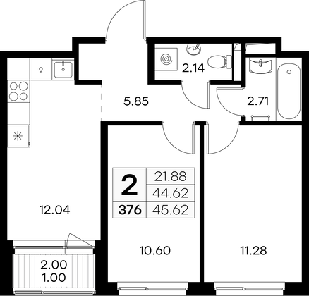 45,6 м², 2-комн. квартира, 3/9 этаж