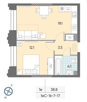 38,8 м², 1-комн. квартира, 7/43 этаж