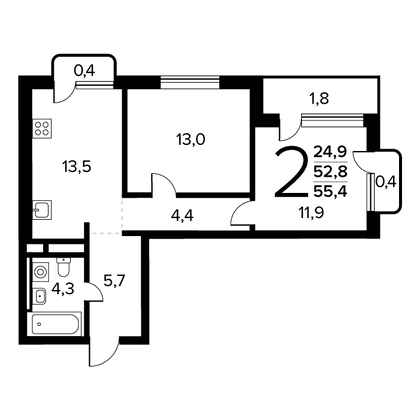55,4 м², 2-комн. квартира, 8/14 этаж