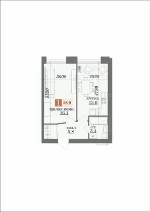 Продажа 1-комнатной квартиры 38,3 м², 5/5 этаж