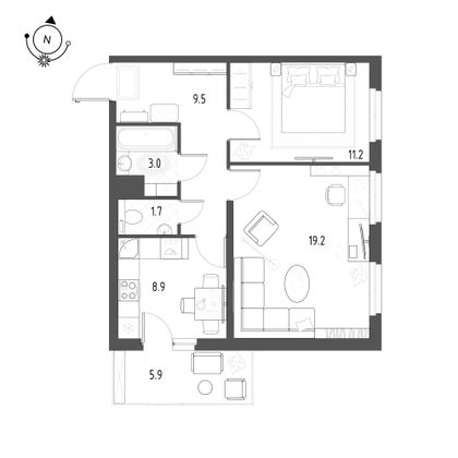 55,3 м², 2-комн. квартира, 4/25 этаж