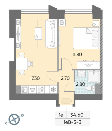 34,6 м², 1-комн. квартира, 3/58 этаж