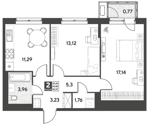 Продажа 2-комнатной квартиры 56,6 м², 19/21 этаж