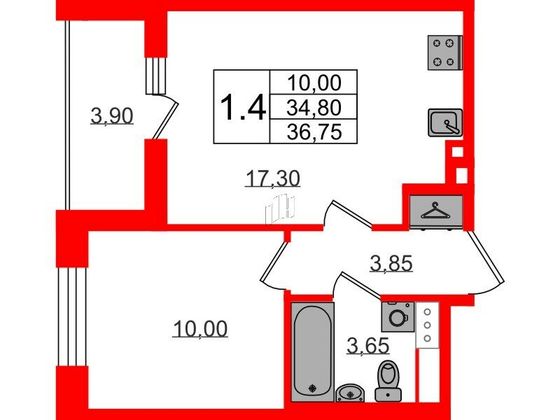 Продажа 1-комнатной квартиры 34,8 м², 2/12 этаж