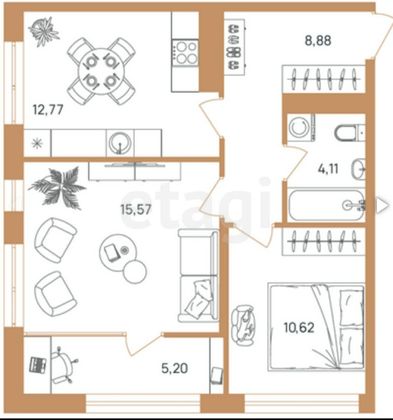 Продажа 2-комнатной квартиры 54,6 м², 6/16 этаж