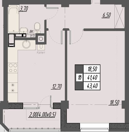 43,4 м², 1-комн. квартира, 2/8 этаж