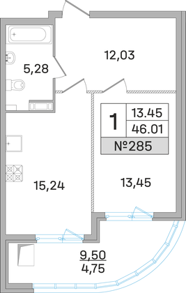 46 м², 1-комн. квартира, 18 этаж