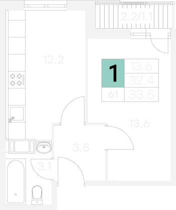Продажа 1-комнатной квартиры 33,5 м², 2/9 этаж