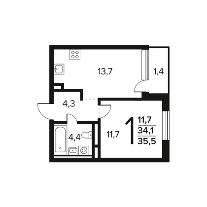 35,5 м², 1-комн. квартира, 4/9 этаж