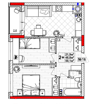 Продажа 2-комнатной квартиры 50,1 м², 3/4 этаж