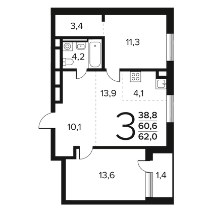 Продажа 3-комнатной квартиры 62 м², 9/9 этаж