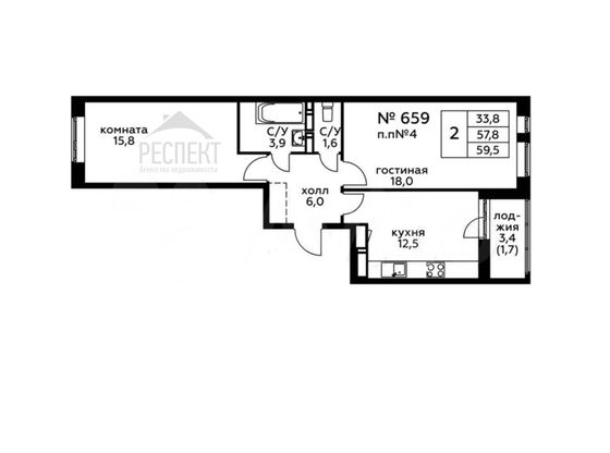 Продажа 2-комнатной квартиры 59,5 м², 2/20 этаж