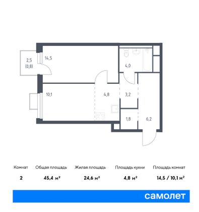 45,4 м², 1-комн. квартира, 4/25 этаж