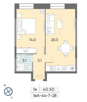 Продажа 1-комнатной квартиры 40,5 м², 20/28 этаж