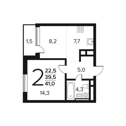 41 м², 2-комн. квартира, 2/9 этаж