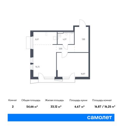 54,7 м², 1-комн. квартира, 2/17 этаж