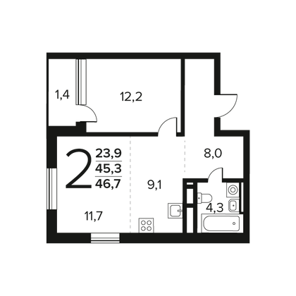 46,7 м², 2-комн. квартира, 11/11 этаж