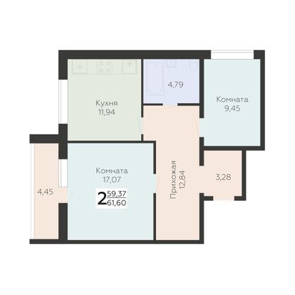 Продажа 2-комнатной квартиры 61,6 м², 9/11 этаж