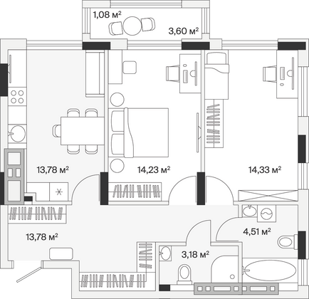 64,9 м², 2-комн. квартира, 3/7 этаж