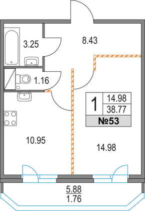 38,8 м², 1-комн. квартира, 9/16 этаж