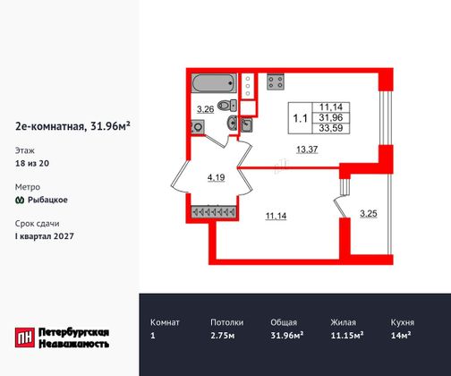 Продажа 1-комнатной квартиры 32 м², 18/20 этаж