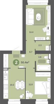 Продажа 2-комнатной квартиры 50,4 м², 2/9 этаж