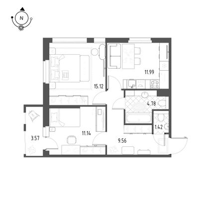 54,7 м², 2-комн. квартира, 6/10 этаж