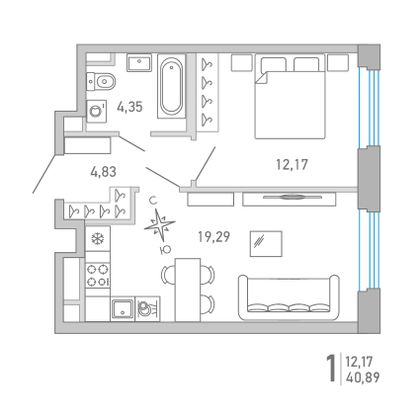 40,9 м², 1-комн. квартира, 6/10 этаж