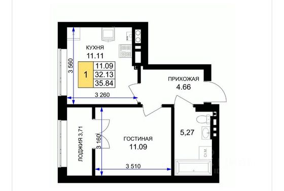 Продажа 1-комнатной квартиры 36 м², 3/7 этаж