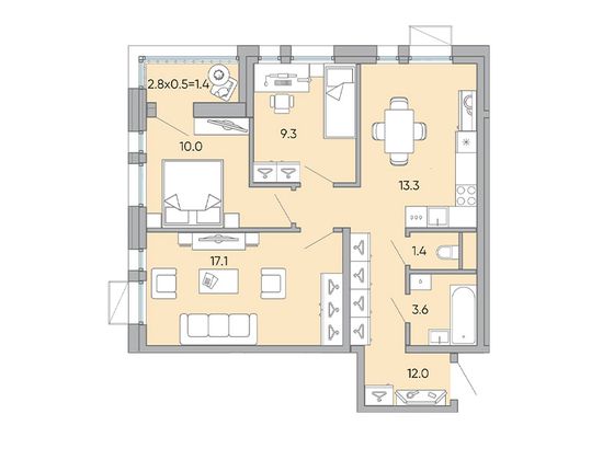 68,1 м², 3-комн. квартира, 2/18 этаж