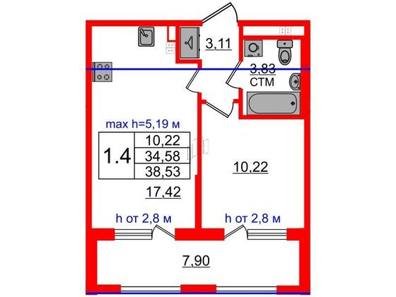 Продажа 1-комнатной квартиры 34,6 м², 4/4 этаж