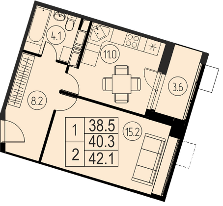 40,3 м², 1-комн. квартира, 12/17 этаж