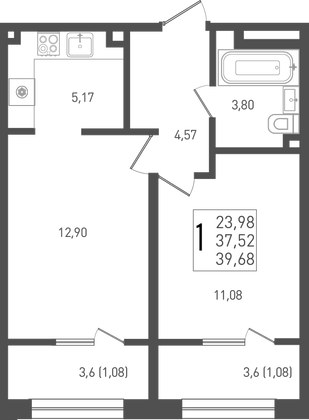 39,7 м², 1-комн. квартира, 1/9 этаж