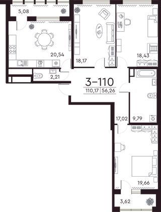 110,4 м², 3-комн. квартира, 3/8 этаж