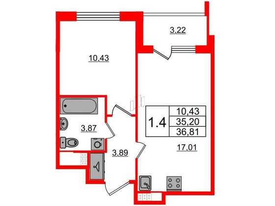 Продажа 1-комнатной квартиры 35,2 м², 4/4 этаж