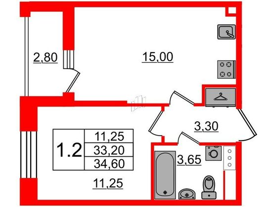 Продажа 1-комнатной квартиры 33,2 м², 12/12 этаж