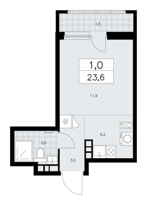 23,6 м², своб. планировка, 9/14 этаж