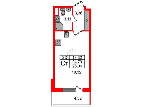 Продажа квартиры-студии 24,8 м², 2/5 этаж