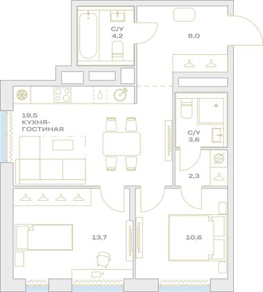 Продажа 2-комнатной квартиры 61,7 м², 18/23 этаж