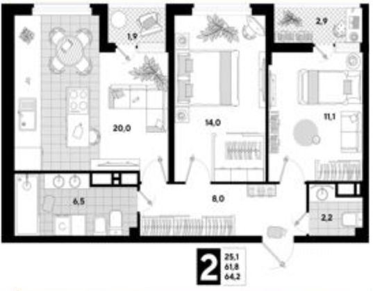 Продажа 2-комнатной квартиры 64,2 м², 13/17 этаж