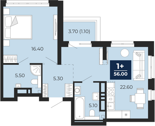 56 м², 1-комн. квартира, 18/25 этаж