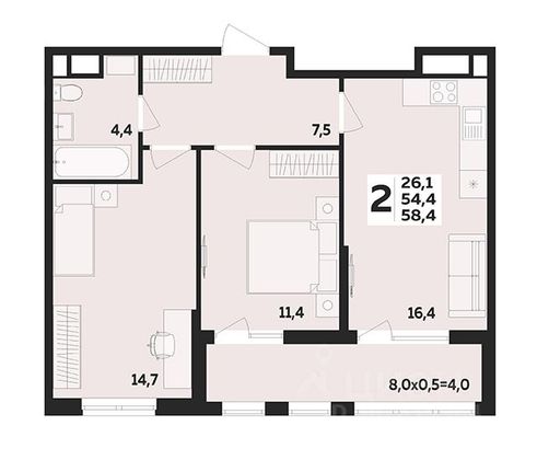 Продажа 2-комнатной квартиры 58,4 м², 10/16 этаж