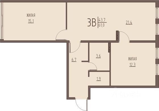 Продажа 2-комнатной квартиры 61 м², 4/8 этаж