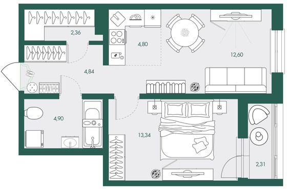 45,7 м², 2-комн. квартира, 5/13 этаж