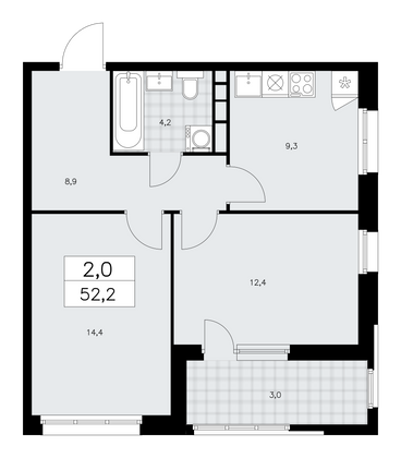 52,2 м², своб. планировка, 22/24 этаж