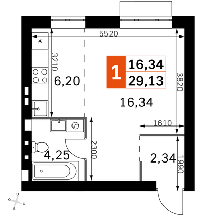 29,1 м², 1-комн. квартира, 3/4 этаж